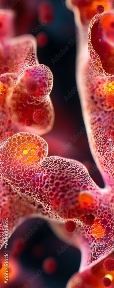 Close-up 3D illustration of tissue sections, genetic material and erythrocytes in focus, vibrant artery structures, hyper-realistic microbiology scene, intricate textures Close-up 3D illustration of tissue sections, genetic material and erythrocytes in focus, vibrant artery structures, hyper-realistic microbiology scene, intricate textures
