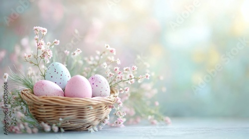 Pastel-colored Easter eggs in a decorative basket on a light, airy background.
