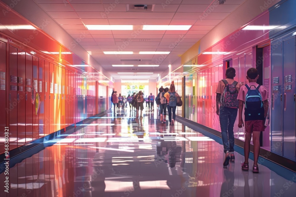 Vibrant school hallway with colorful lockers, reflecting light, as students walk and talk, creating a lively learning environment. Vibrant school hallway with colorful lockers, reflecting light, as students walk and talk, creating a lively learning environment.
