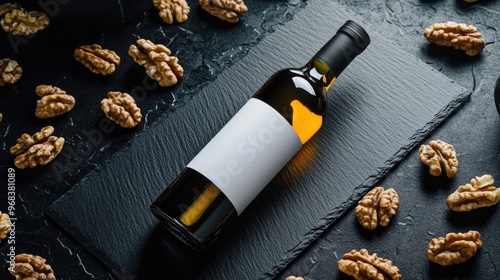 Walnut Oil Bottle Mockup on Black Surface with Walnuts