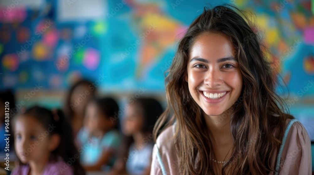 Obraz premium Smiling female teacher in a colorful classroom with young students in the background, creating a joyful and positive learning environment.