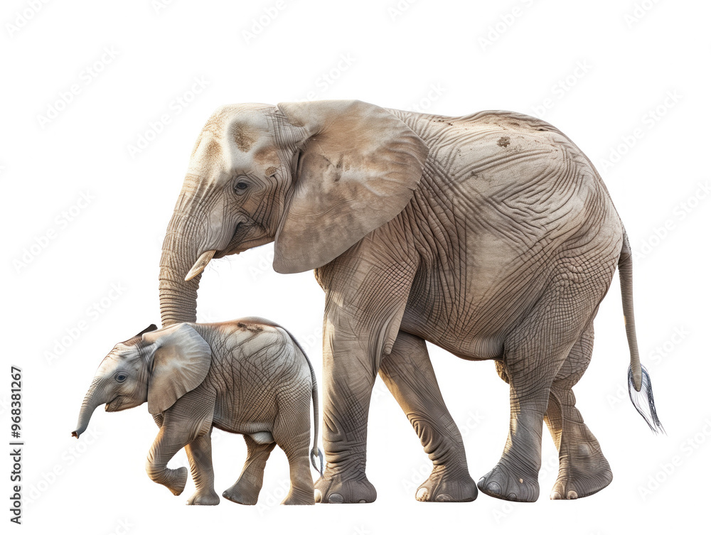 Fototapeta premium African forest elephant calf with mother, playing in heartwarming display of familial bond.
