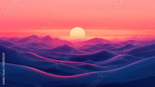 Abstract Sunset over a Ridge of Mountains with a Yellow Sun