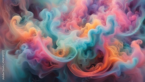 Abstract swirling colorful smoke with a blend of blue, pink, orange, and purple colors.