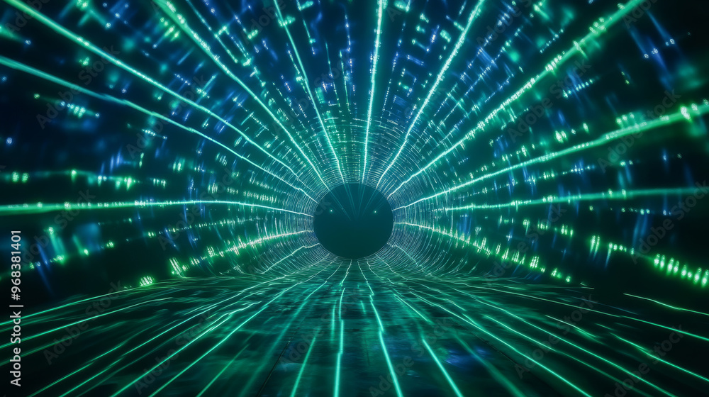 A mesmerizing tunnel of light spirals in deep blue and green hues, creating captivating visual experience. vibrant beams of light evoke sense of movement and depth, drawing viewer into an enchanting d A mesmerizing tunnel of light spirals in deep blue and green hues, creating captivating visual experience. vibrant beams of light evoke sense of movement and depth, drawing viewer into an enchanting d