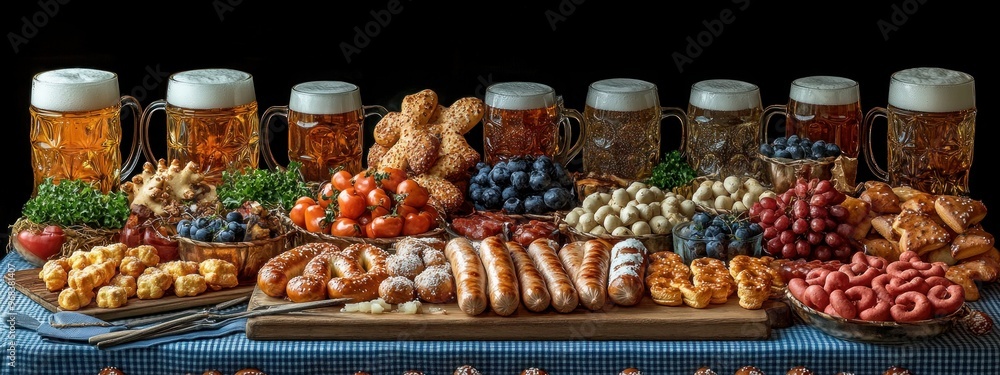 Authentic Oktoberfest Snack Platter with Pretzels and Sausages, Delicious Oktoberfest Feast Traditional Bavarian Snacks and Beer, Rustic Oktoberfest Table with Classic German Snacks and Drinks Authentic Oktoberfest Snack Platter with Pretzels and Sausages, Delicious Oktoberfest Feast Traditional Bavarian Snacks and Beer, Rustic Oktoberfest Table with Classic German Snacks and Drinks