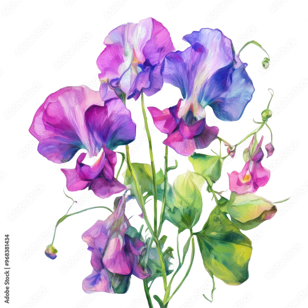 purple and pink flower with branch and leaves isolated on white background purple and pink flower with branch and leaves isolated on white background
