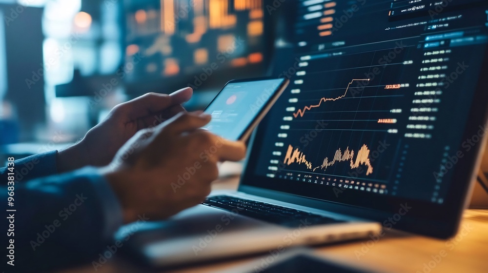 A person using a laptop and a mobile phone, looking at charts on a screen. A person using a laptop and a mobile phone, looking at charts on a screen.