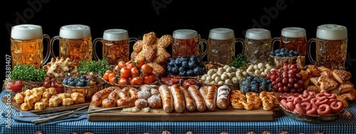 Authentic Oktoberfest Snack Platter with Pretzels and Sausages, Delicious Oktoberfest Feast Traditional Bavarian Snacks and Beer, Rustic Oktoberfest Table with Classic German Snacks and Drinks photo