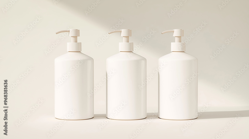 Three white cosmetic bottles standing on white surface Three white cosmetic bottles standing on white surface