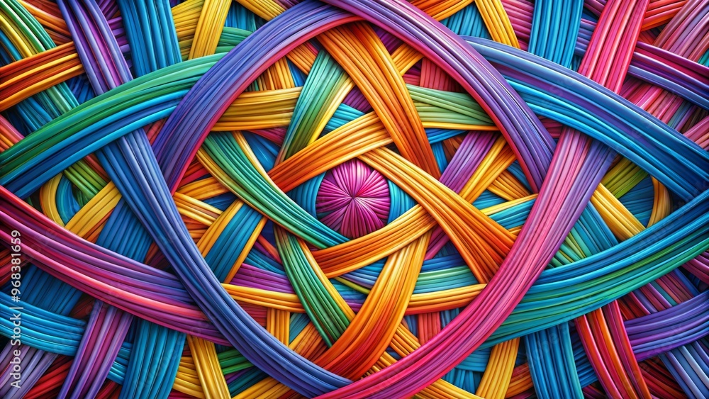 Vibrant patterns emerge from the fusion of interwoven lines and shapes, as colors engage in a captivating dance Vibrant patterns emerge from the fusion of interwoven lines and shapes, as colors engage in a captivating dance