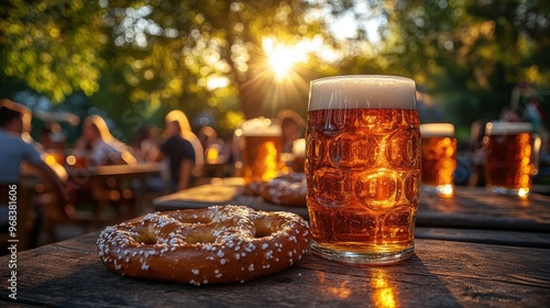 Authentic Oktoberfest Snack Platter with Pretzels and Sausages, Delicious Oktoberfest Feast Traditional Bavarian Snacks and Beer, Rustic Oktoberfest Table with Classic German Snacks and Drinks photo