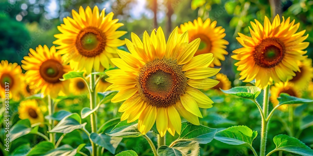 Vibrant sunflower bush bursts with beauty, adorned with radiant yellow petals and lush green leaves, embodying the joy Vibrant sunflower bush bursts with beauty, adorned with radiant yellow petals and lush green leaves, embodying the joy