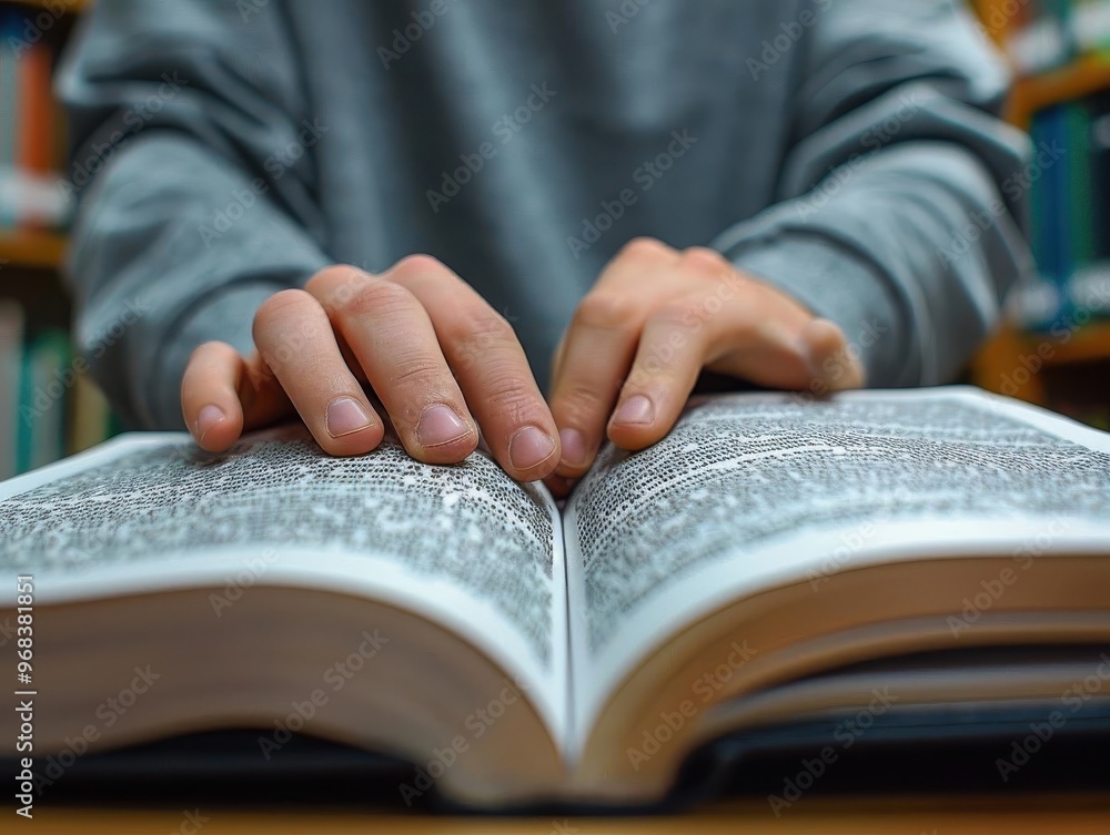 Close-up of hands reading a book in a library, emphasizing learning and education in a focused environment. Close-up of hands reading a book in a library, emphasizing learning and education in a focused environment.