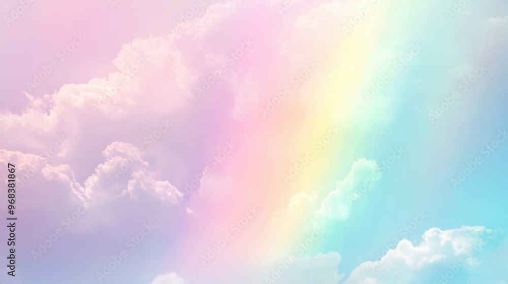 Soft pastel rainbow painted across a pale, dreamy sky after the rain. Soft pastel rainbow painted across a pale, dreamy sky after the rain.