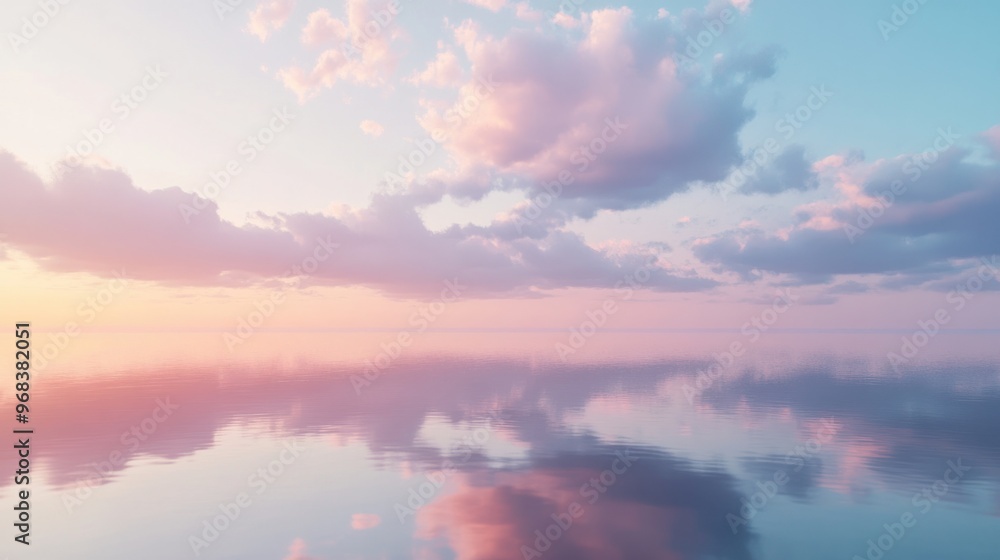 Soft pastel-colored clouds floating over a calm lake at sunrise. Soft pastel-colored clouds floating over a calm lake at sunrise.