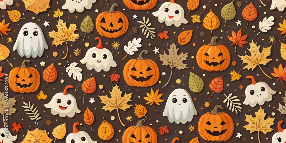 Whimsical pumpkins float amidst a midnight sky, surrounded by wispy ghosts and spiders' silhouettes, as vibrant fall Whimsical pumpkins float amidst a midnight sky, surrounded by wispy ghosts and spiders' silhouettes, as vibrant fall