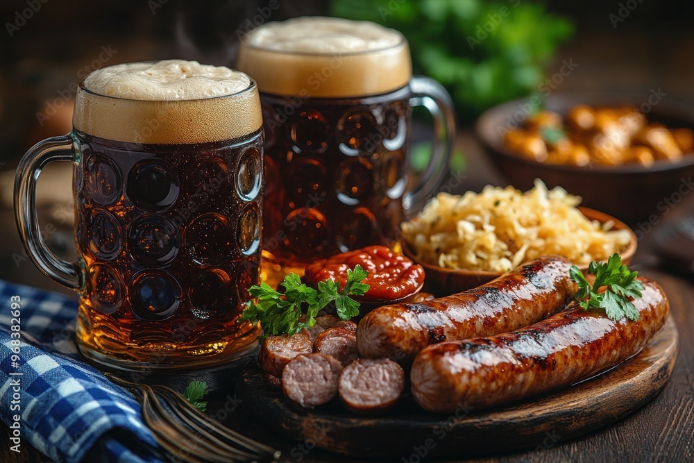 Authentic Oktoberfest Snack Platter with Pretzels and Sausages, Delicious Oktoberfest Feast Traditional Bavarian Snacks and Beer, Rustic Oktoberfest Table with Classic German Snacks and Drinks Authentic Oktoberfest Snack Platter with Pretzels and Sausages, Delicious Oktoberfest Feast Traditional Bavarian Snacks and Beer, Rustic Oktoberfest Table with Classic German Snacks and Drinks