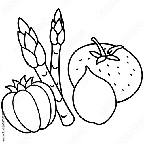 potatoes tomatoes asparagus vegetables outline coloring book page line art illustration digital drawing