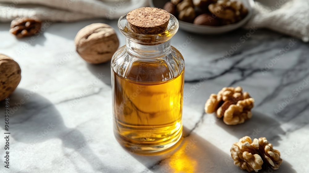 Walnut Oil in Glass Bottle with Shelled Walnuts on Marble Surface Walnut Oil in Glass Bottle with Shelled Walnuts on Marble Surface