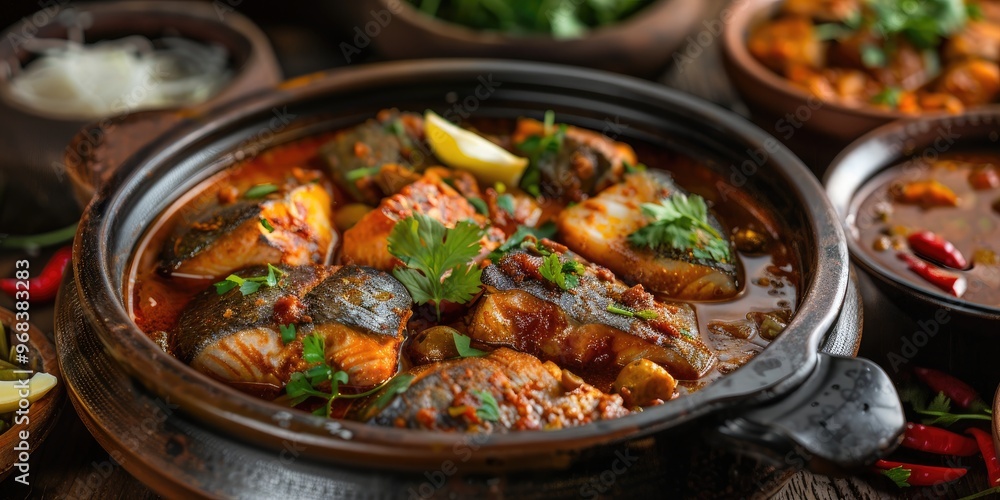 Savory Fish Curry with Tapioca Root, Spiced Fish Masala, Bengali Style Fish Curry, Coastal Fish Dish, and Tamil Cuisine Savory Fish Curry with Tapioca Root, Spiced Fish Masala, Bengali Style Fish Curry, Coastal Fish Dish, and Tamil Cuisine