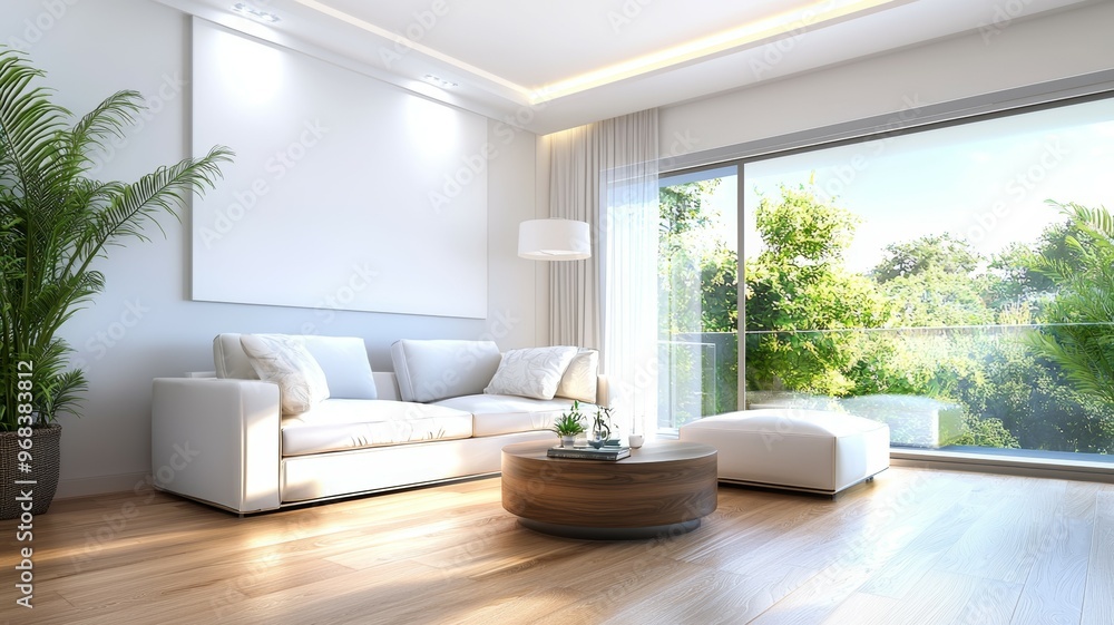 Fototapeta premium A living room with a white couch, a coffee table, and a potted plant