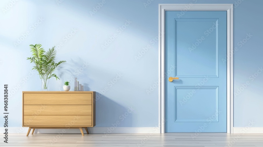 A blue door with a white trim sits in front of a white wall A blue door with a white trim sits in front of a white wall
