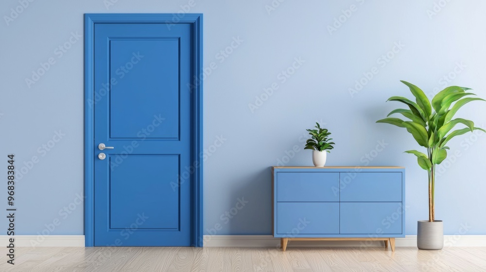 A blue door with a white handle sits in front of a white wall A blue door with a white handle sits in front of a white wall