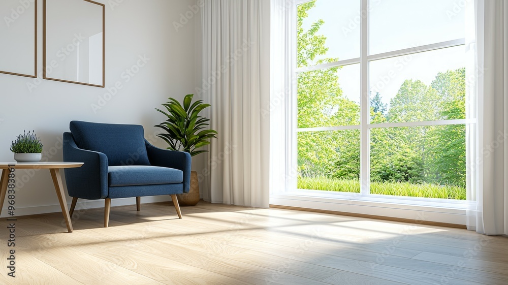 Fototapeta premium A blue chair is sitting in front of a window with a potted plant