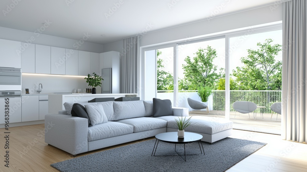 A living room with a white couch, a coffee table, and a potted plant A living room with a white couch, a coffee table, and a potted plant