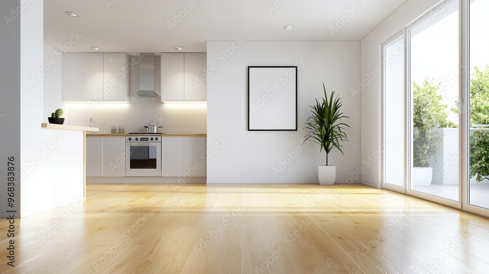 Fototapeta premium A kitchen with a white stove and a white sink