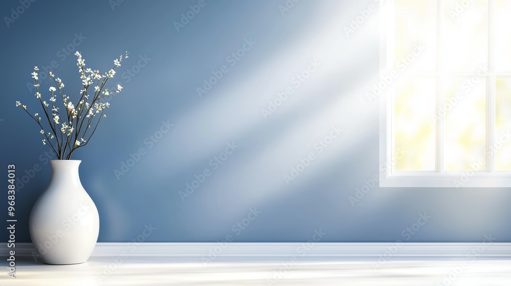 A white vase with flowers sits on a blue wall A white vase with flowers sits on a blue wall