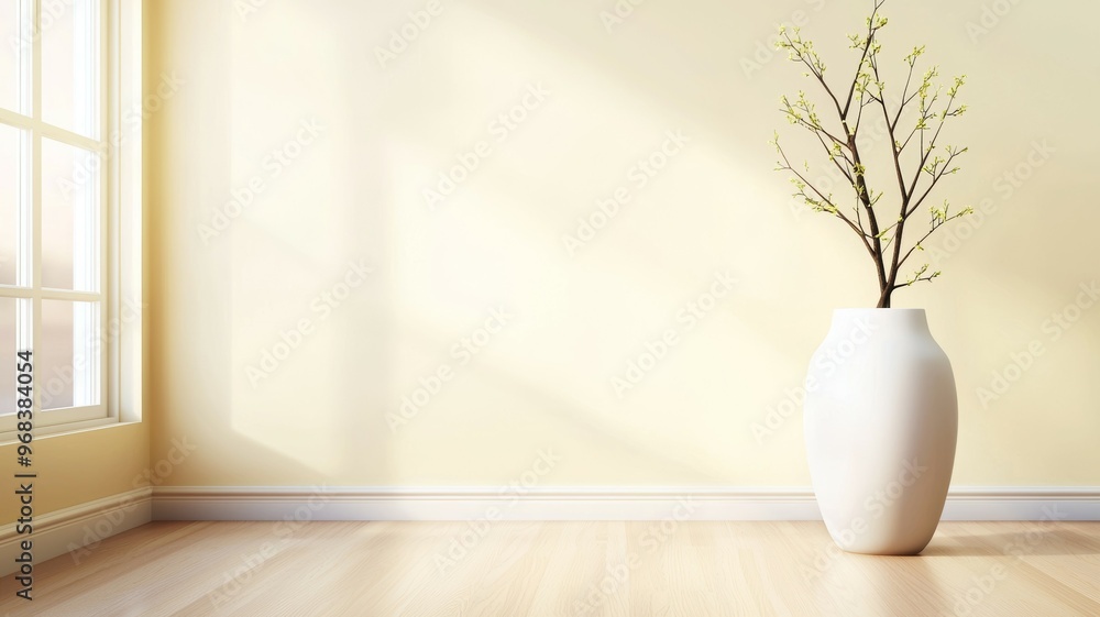 A white vase with a tree in it sits in a room with a white wall A white vase with a tree in it sits in a room with a white wall