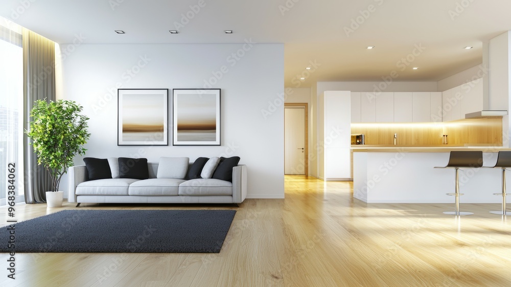 A large open living room with a white kitchen and a wooden floor A large open living room with a white kitchen and a wooden floor