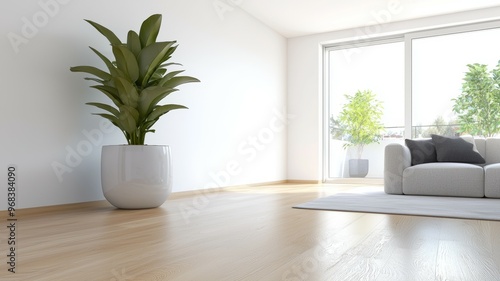 A large white room with a white couch and a potted plant