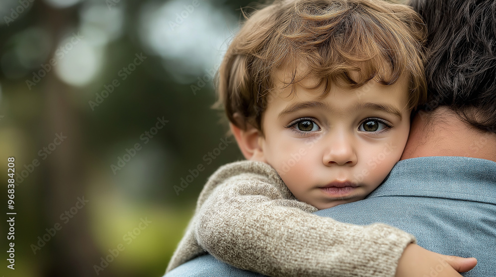 Young boy looking sad hugging parent outside Young boy looking sad hugging parent outside