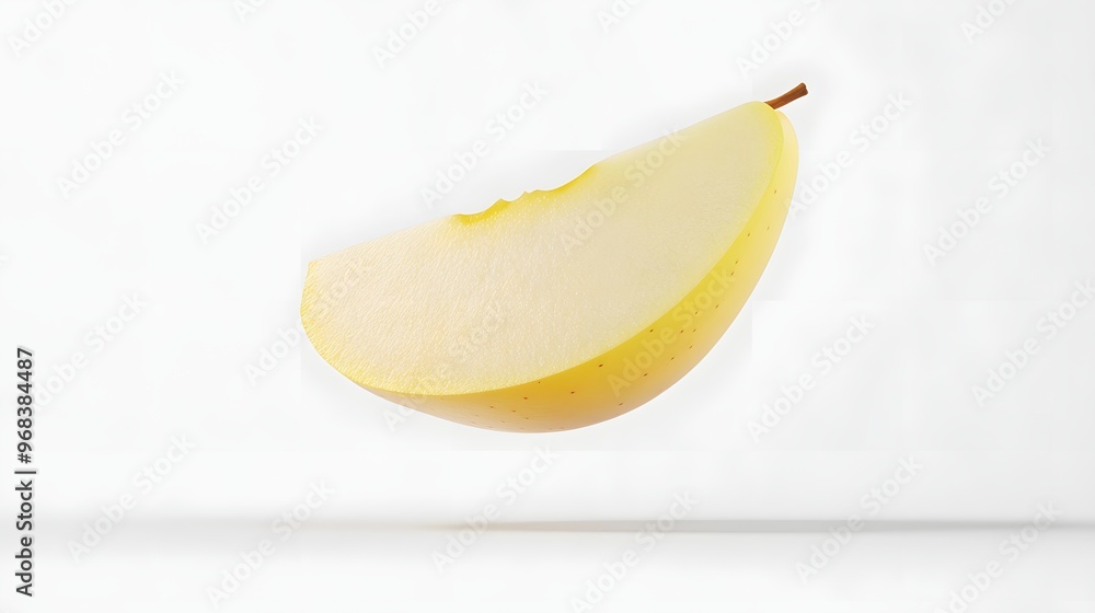 50. **A 3D render of a falling slice of golden delicious apple, its smooth yellow flesh and crisp texture detailed against a clean white background 50. **A 3D render of a falling slice of golden delicious apple, its smooth yellow flesh and crisp texture detailed against a clean white background