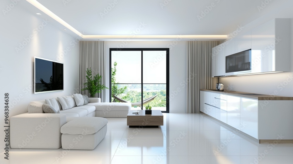 A white living room with a white couch, a coffee table, and a potted plant A white living room with a white couch, a coffee table, and a potted plant
