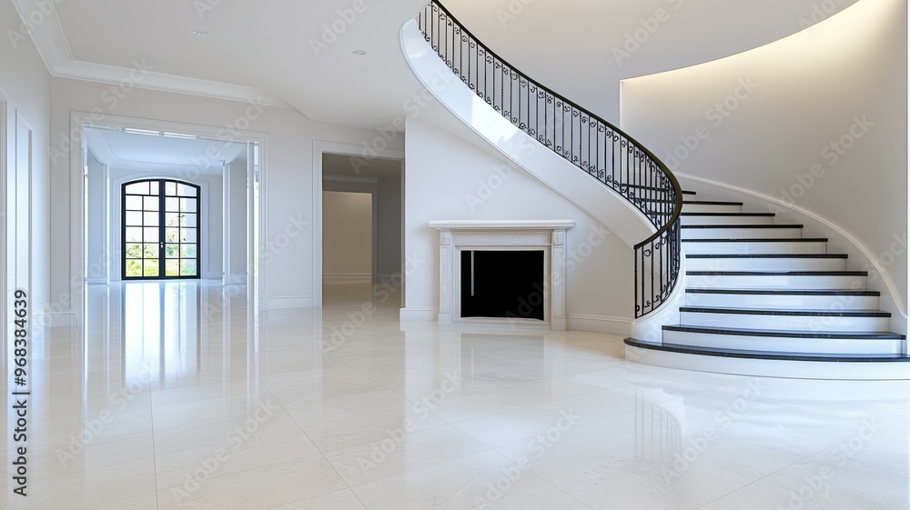 A large, empty white room with a fireplace and a spiral staircase A large, empty white room with a fireplace and a spiral staircase
