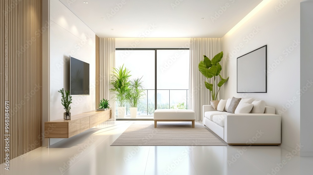 A large living room with a white couch, a white coffee table A large living room with a white couch, a white coffee table