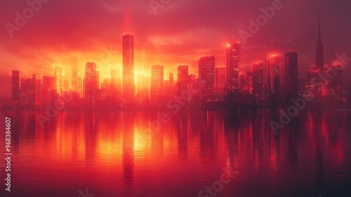 Red City Skyline Reflection at Sunset