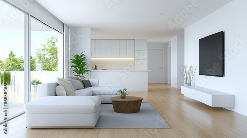 A large white living room with a white couch, a coffee table, and a TV