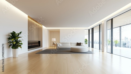 Wallpaper Mural A large, empty living room with a fireplace, a couch, and a potted plant Torontodigital.ca