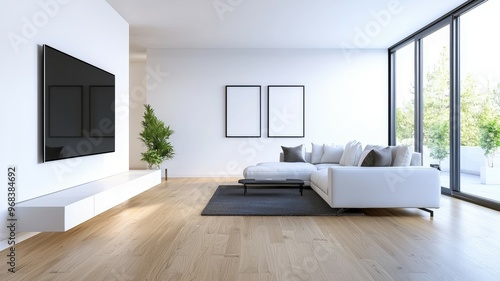 A living room with a white couch and a black flat screen TV