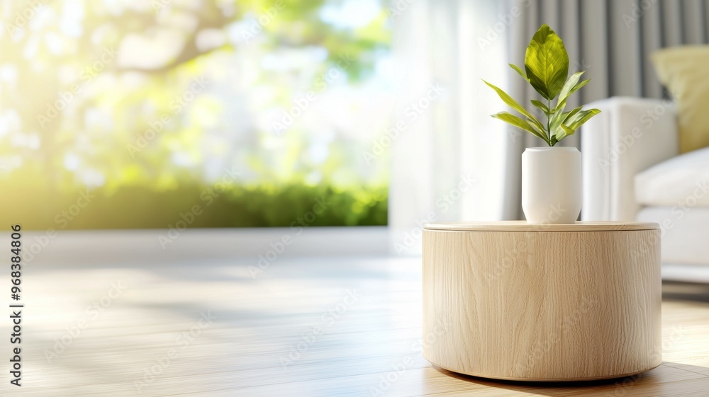 A small potted plant sits on a wooden coffee table in a bright, sunny room