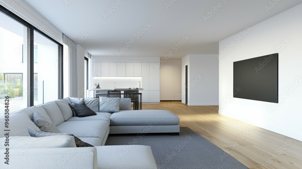 Fototapeta premium A large white living room with a black flat screen TV mounted on the wall