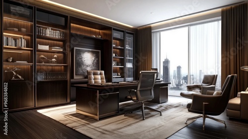 An indoor image of a home office designed with dark wood and glass furniture