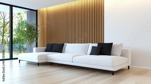 A white couch with black pillows sits in a room with a wooden wall