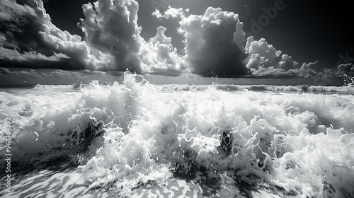 Waves crashing on the shores of a tropical empty beach. Black and white lifestyle photo. 