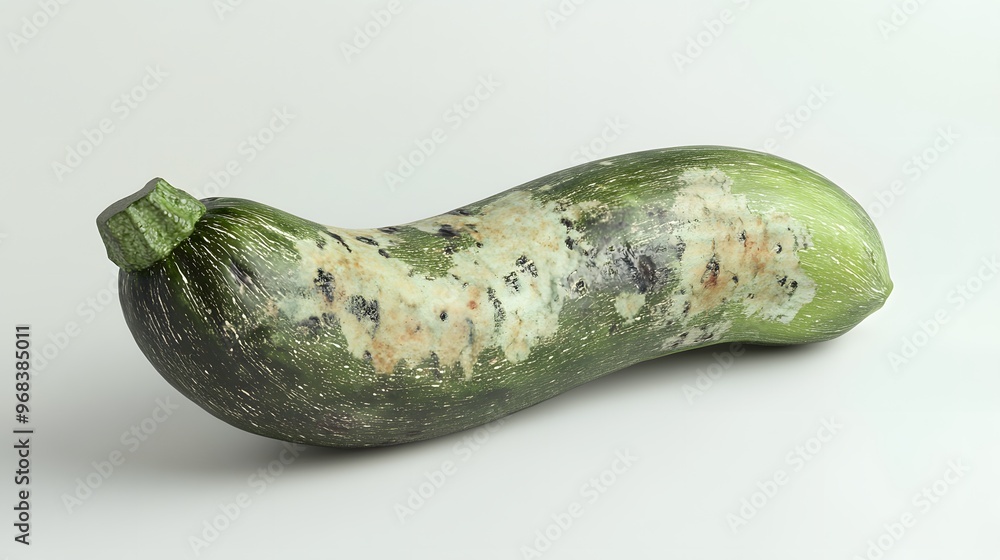 11. **A 3D render of a decayed zucchini, showing dark spots and soft, wrinkled skin, set against a pristine white backdrop 11. **A 3D render of a decayed zucchini, showing dark spots and soft, wrinkled skin, set against a pristine white backdrop